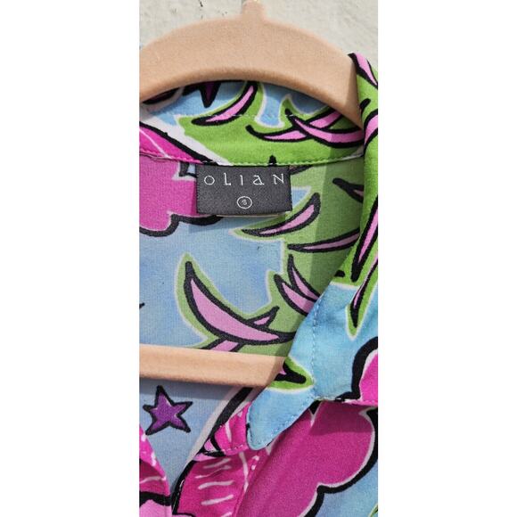 Vintage Y2K Womens Top Small Pink Blue Moon Sky Tropical Ruched Button Up Shirt - Picture 5 of 11